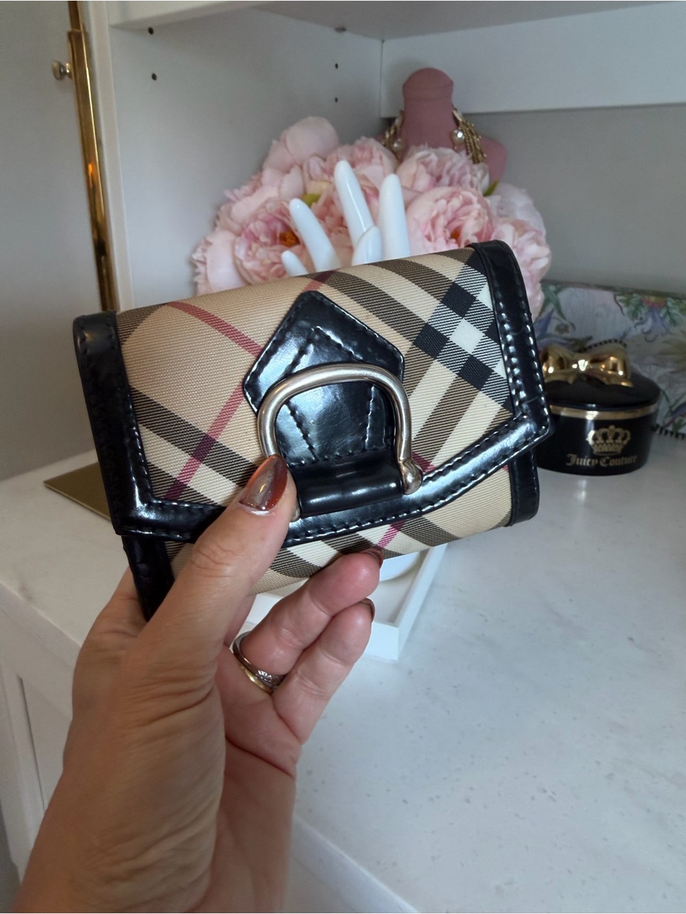 Burberry Beige Plaid Compact Wallet with Black Trim